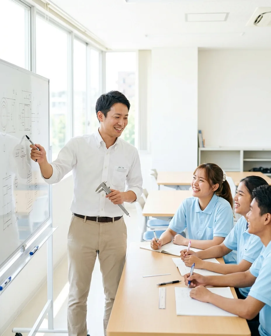 海外の自社日本語学校で日本人教師が図面・工具を使って指導する授業風景の写真